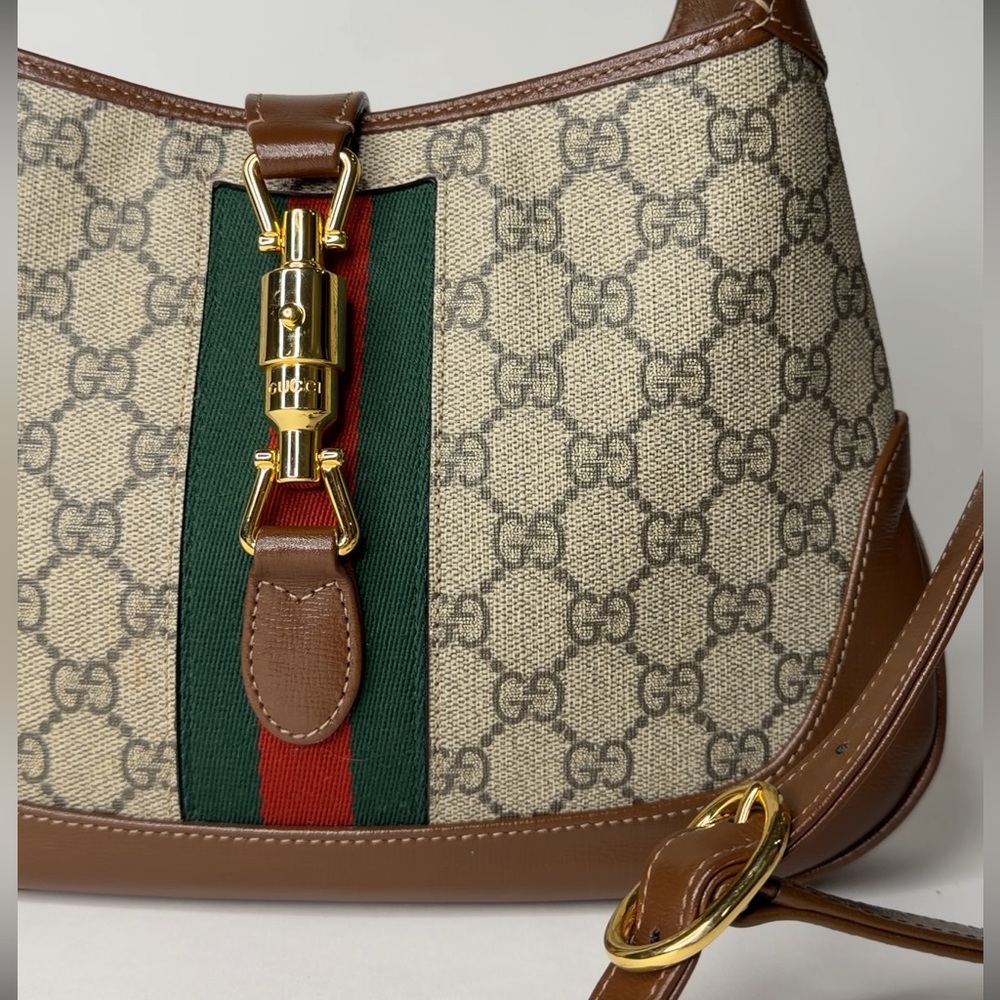 Gucci Jackie 1961 Beige and Brown Shoulder Bag with Green and Red Stripe - Picture 3 of 5